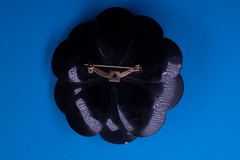 Floral Polka Dot Brooch Pin Gold Tone approx 2.5in Layered Petals Black White