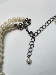 Vintage 3 Strand Faux Pearl Choker Necklace Smoky Rhinestone Gunmetal Clasp