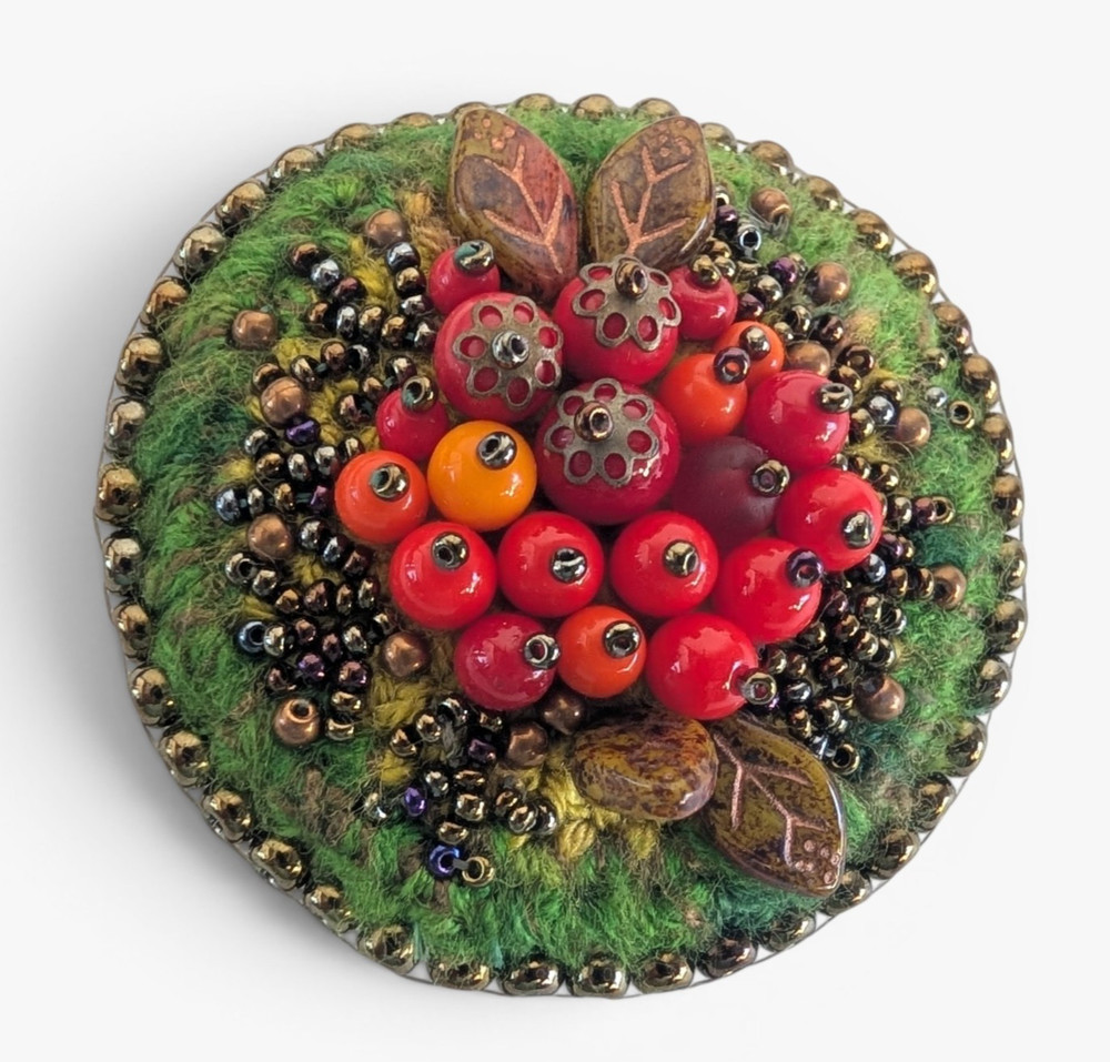 Vintage Piaf Design Beaded Felt Brooch Czech Artisan Handmade 2.25″ Diameter