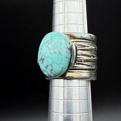 Vtg Silver Tone Faux Turquoise Wide Cigar Band Statement Cocktail Ring Size 5.5