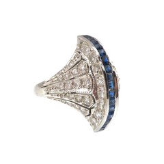 Vintage Edwardian Platinum Egyptian Revival Blue Sapphire Diamond Filigree Ring