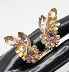 Glamorous AB Crystal Flower Floral Pale Rhinestone Climber Vtg Clip On Earrings