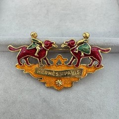 Vintage HERMES Paris Enamel Brooch Dog & Girl Gold Tone Cloisonné Pin France