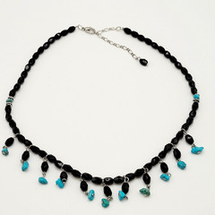 Southwestern Style Black Glass Faux Turquoise Beaded Fringe Vintage Necklace