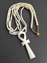 Vintage Bone Ankh Necklace Egyptian Tribal Beaded Statement Jewelry