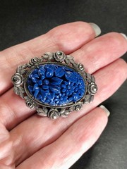 ANTIQUE Art Nouveau Floral Lapis Lazuli Opaline Glass Sterling Silver Pin Brooch