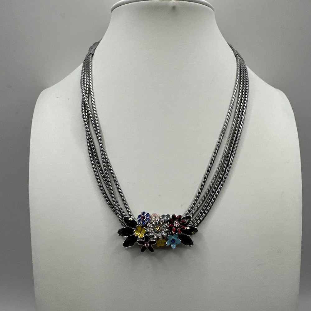 Multi Strand Enamel Rhinestone Slide Pendant Necklace Silver Tone 16-21”