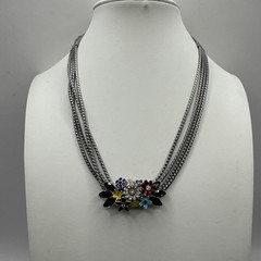 Multi Strand Enamel Rhinestone Slide Pendant Necklace Silver Tone 16-21”