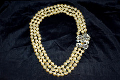 Vintage UNBRANDED Cream Faux Pearl 3 Strand Necklace Clear Glass Stones 20” B1