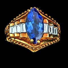 GIA Cert Vintage Tanzanite Baguette Cut Diamond 18k Yellow Gold Statement Ring