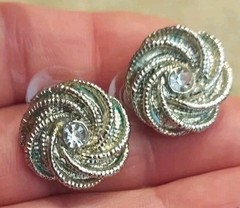 Vintage Estate Silver Twisted Round Textured Post Pierced Rhinestones Earrings
