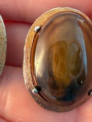 Vintage Faux Tiger Eye Seleni Gold Tone Clip Earrings Chunky Honey Brown Swirl