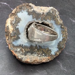 Vtg 1950s CZ Signet Mens Ring Hand Engraved w/CZ Accents in 925 Sterling Silver