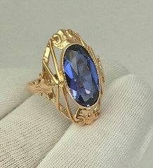 USSR Vintage Rose Gold Blue Sapphire (lab. made) Ring 583 14K 5.14 g. 6,5 US