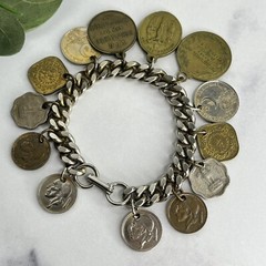 Vintage 13 Coin Charm Bracelet Belgium, India, Pakistan 1957 1959 1955 7”