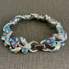 Vintage Rhinestone Bracelet Lisner Aurora Borealis Silver Tone Leaf Design
