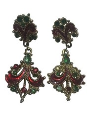 Vintage Unbranded Drop Dangle Earrings Metal Red/Green Accents Pre-Owned Ornate