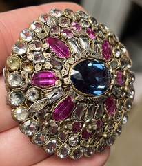 Vintage HOBE Filigree Clip Brooch Ruby Red Aqua & Clear Glass Stones