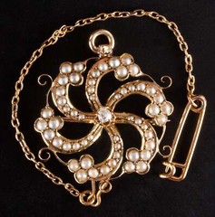 Vintage 1920s 14k Yellow Gold Pearl Old Mine Diamond Pin Pendant Combo .05ctw