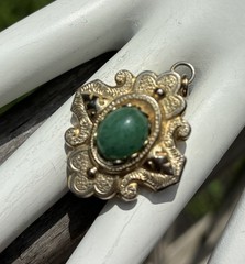 Vintage Faux Jade Necklace Pendant Double Sided Goldtone