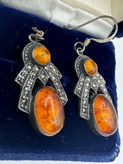 Vintage BOMA signed Baltic Amber Marcasite Sterling Earrings One Hook Beautiful