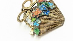 Chinese Export Gold Gild Brass Silver Enamel Flower Basket Pin Brooch Vintage