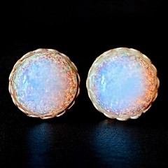 Opal Glass Clip On Earrings Iridescent Dome Gold Tone Vintage Mid Century