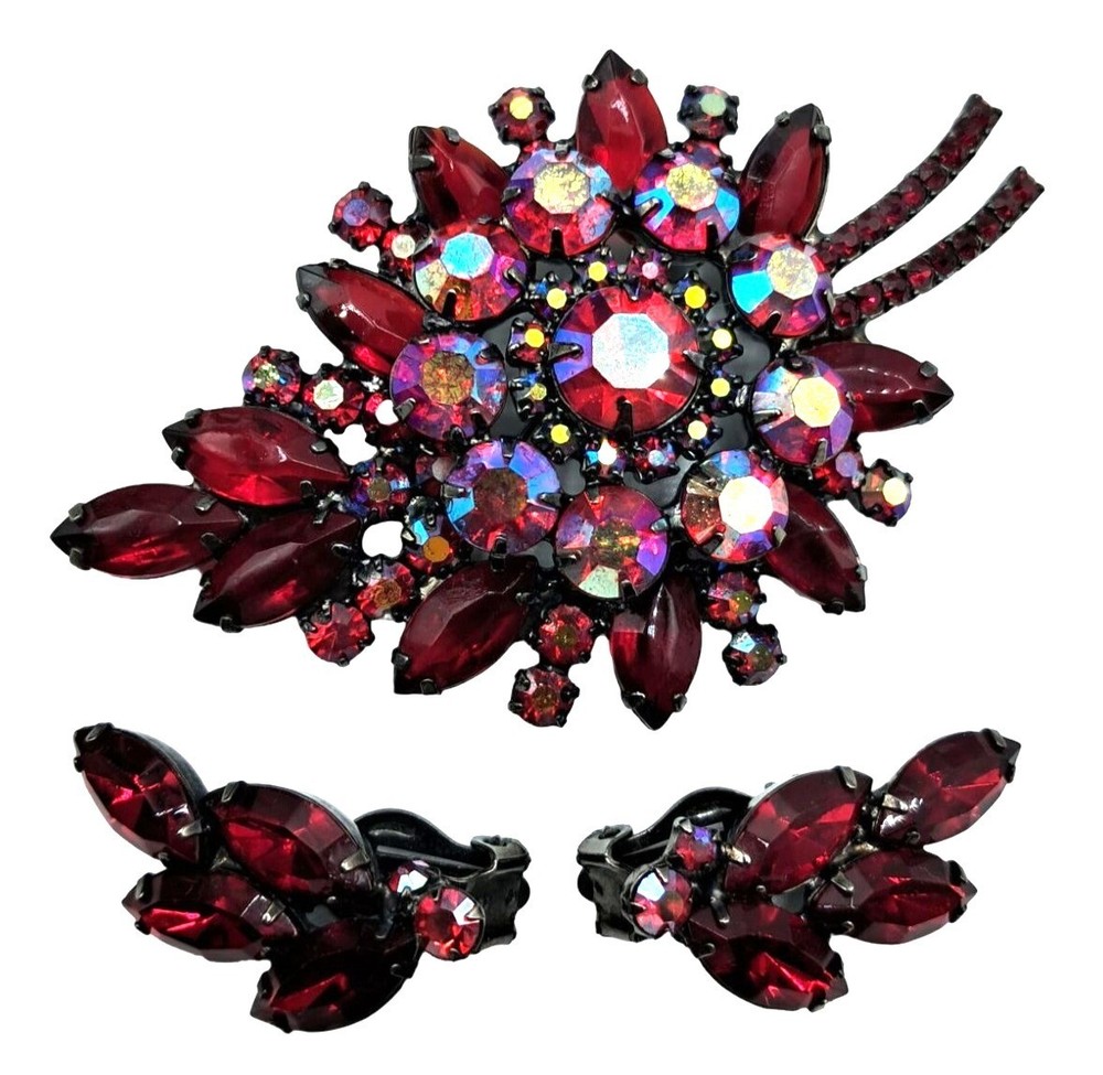 Juliana Brooch Earring Set Red Aurora Borealis Rhinestone Vintage D&E