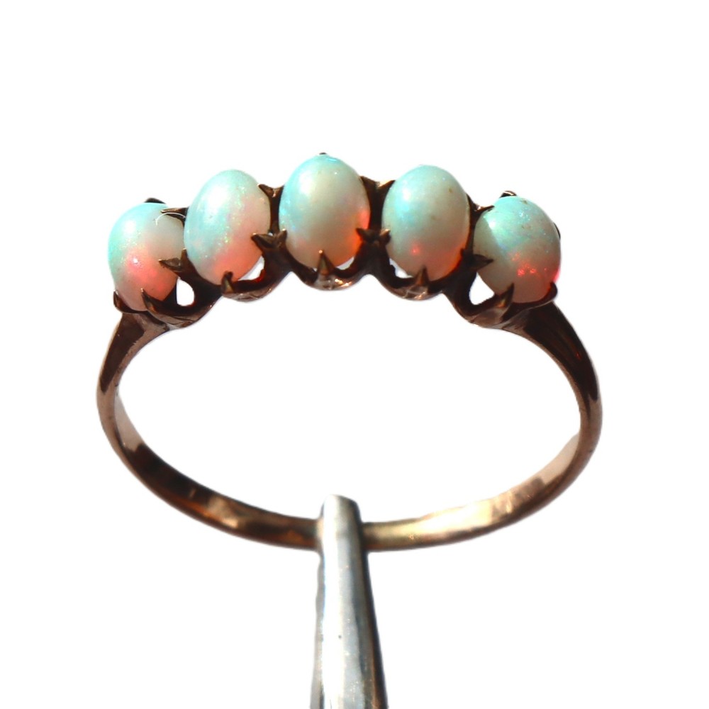 Antique Victorian 10-14k Rose Gold White 5 Cabochon Opal Band Ring sz9 c1900