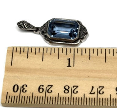 German Art Deco Pendant 835 Silver Ornate Blue Crystal Emerald Cut Vintage