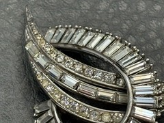 Vintage High End Celestial Crescent Silver Tone Baguette Rhinestone Brooch Pin