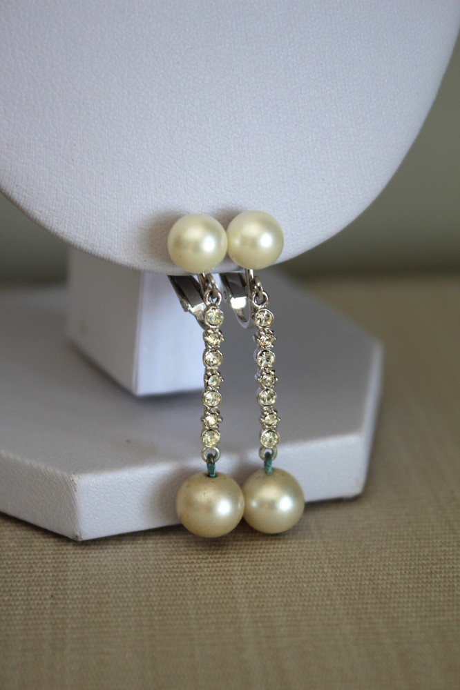 Vintage Marvella Faux Pearl Dangle Drop Clip On Earrings Silver Toned 1.75″
