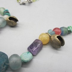 Vintage Stone Necklace Beaded 2 Bells Multicolor 24 Inch