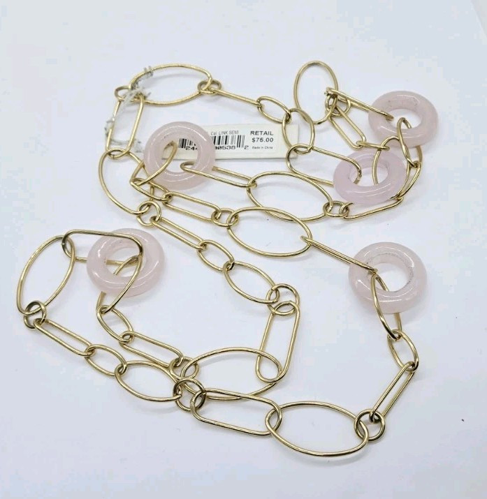 ETIENNE AIGNER Necklace Gold tone Pink Lucite Circle 36 in Over the head