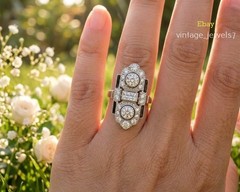 3CT Lab Created Diamond Vintage Art Deco Long Shield Cocktail Ring 14K Gold Over