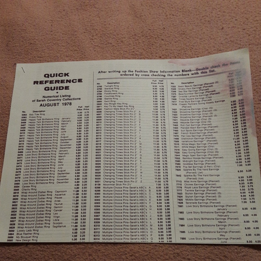 PRINTED COPY OF A August 1978 “QUICK REFERENCE GUIDES ” SARAH BOOK 4 PAGES