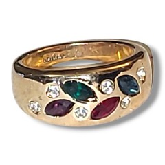 Vintage 18K HGE Multi Color Rhinestone Cocktail Ring Wide Band Statement Sz 5
