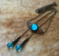 Vintage Necklace Art Nouveau Aqua Cabochon Pendant Czech Glass Lariat