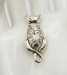 Cat Kitty Kitten Open Filigree Sterling Silver 925 Jezlaine Vintage Brooch Pin