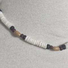 Puka Shell Necklace White Heishi Beads with Tan, Black & Burgundy Accent Beads