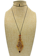 21st & Stone Carved Old Jade Carnelian Bead Leather Cord Silver Accents Necklace