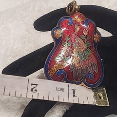 Vintage Cloisonne Pendant Peacock Bird Floral Red Blue Gold Tone 2in.