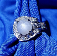 EARTH MINED STAR SAPPHIRE DIAMOND ART Deco Engagement Ring SOLID 14K WHITE GOLD