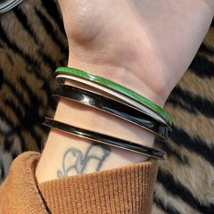 S Set of 4 Vintage Metal and Black, White, and Green Enamel Bangle Bracelets