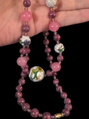 Vintage Cloisonne Rose Quartz & Purple Jasper Beaded Glass Necklace 30 1/2 In