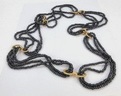 Vintage Gray Glass Bead Gold-Tone Link Beaded Necklace 36 in Fold Over Clasp