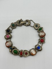 VTG Victorian Revival 14 sliding charms bracelet gold tone Cameo Rhinestone 7″