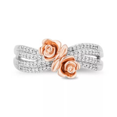 Pretty Double Rose Flower Design In 14K Multi Tone Gold With 0.20CT Diamond Ring