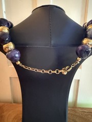 Vintage Chunky Bead Necklace Purple Stone Gold Tone Choker Heavy 15-16”