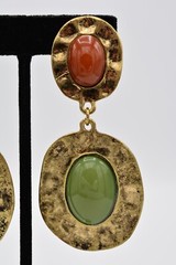 Vintage Cabochon Clip Earrings Antiqued Gold Burnt Rust Green Chunky 80s BinA13